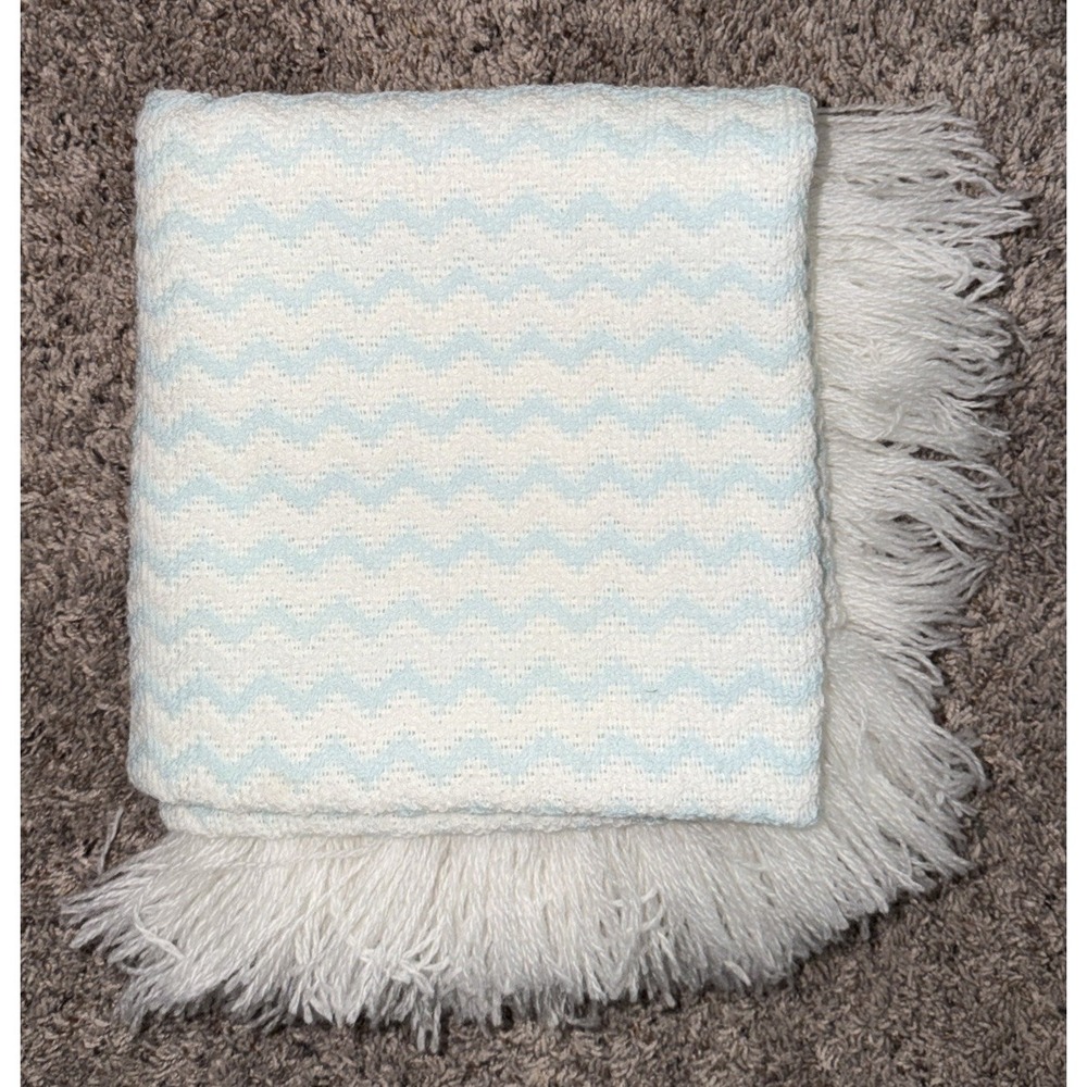 Vintage Quiltex Acrylic Knit Baby Blanket 40x40 Blue White Chevron Fringe Japan